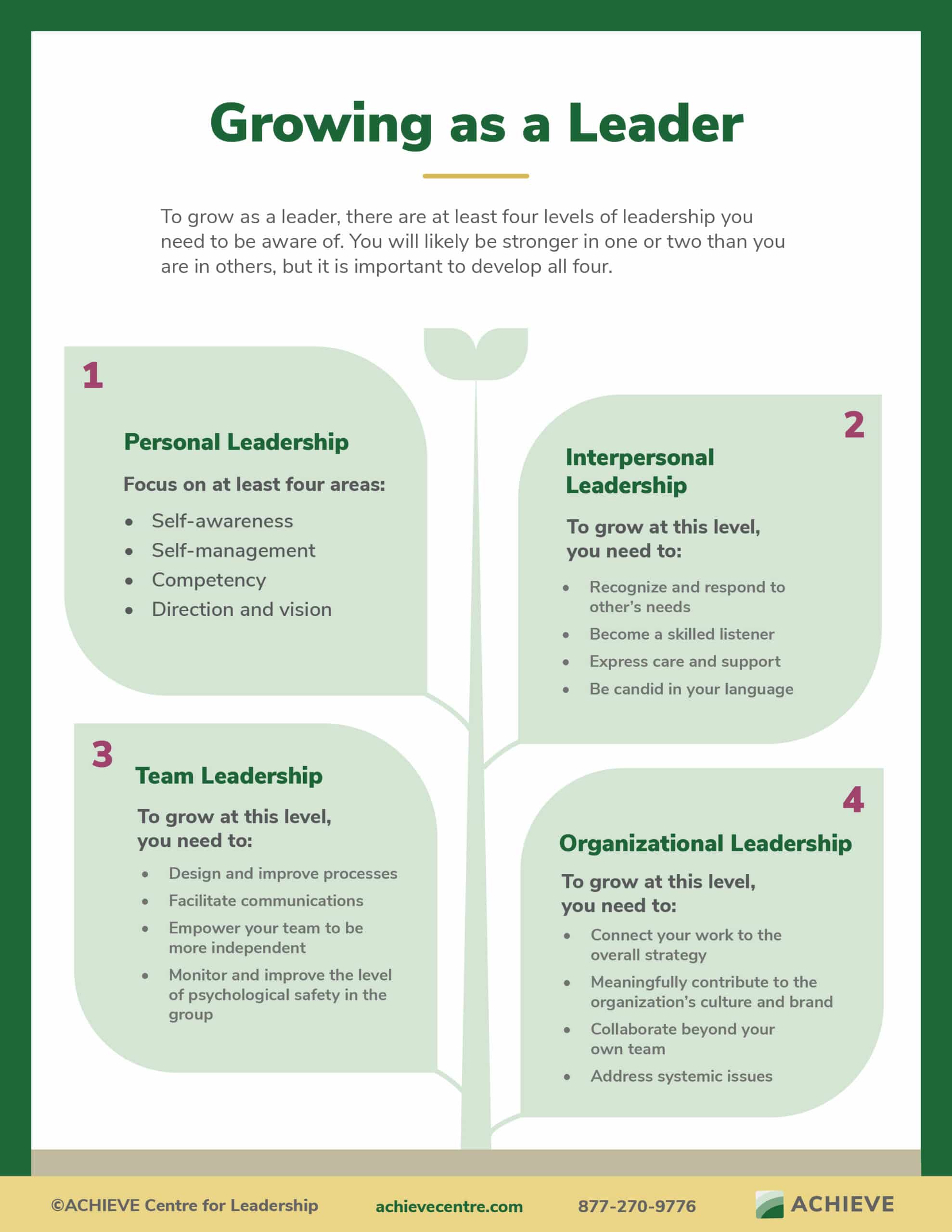 Infographic of a plant with 4 leaves on it for Growing as a Leader handout