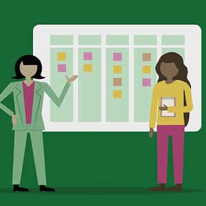 Illustration of two people standing in front of a chart for Project Management Fundamentals – Turning Ideas into Reality workshop