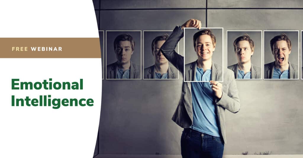 Promotional graphic for a free ACHIEVE Centre for Leadership webinar titled 'Emotional Intelligence.' Features a man holding a frame with a smiling expression over his face, while other frames behind him show different emotional expressions.