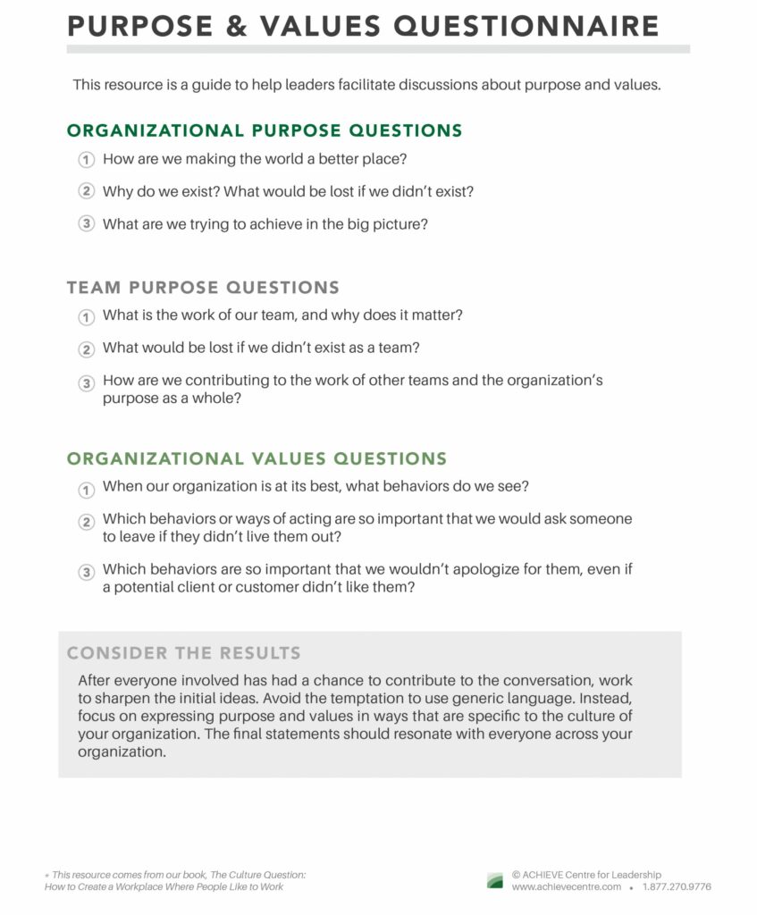 Purpose & Values Questionnaire Printable Resource
