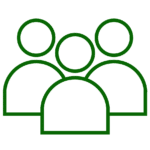 Green outline icon of three people teams