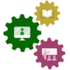 Icon of colored gears with different training method images on it for all the learning formats at ACHIEVE Centre for Leadership
