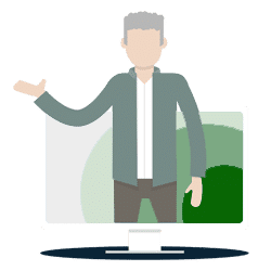 Illustration of computer screen with ACHIEVE logo on it with person standing in computer and speaking