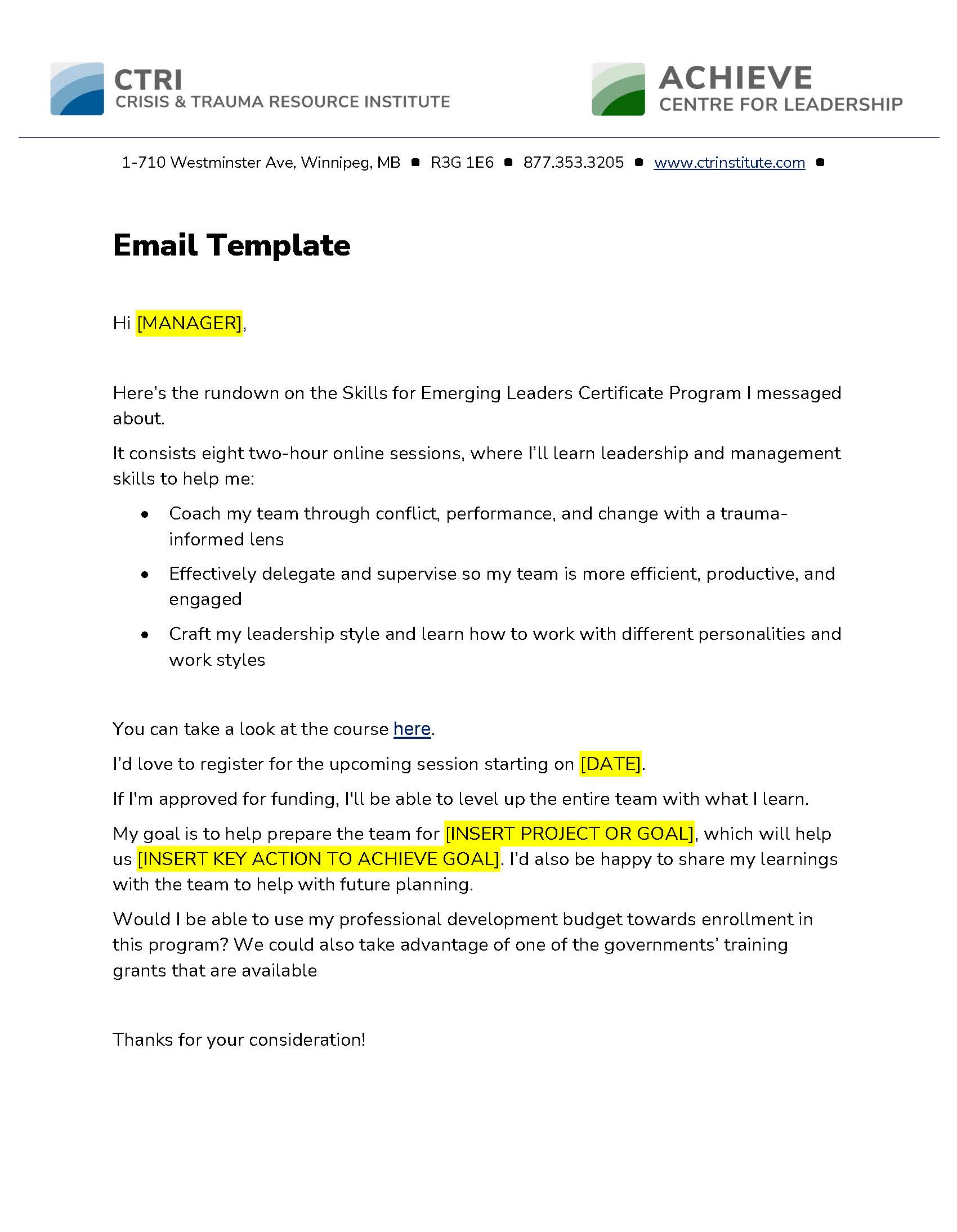 Skills for Emerging Leaders Email Template