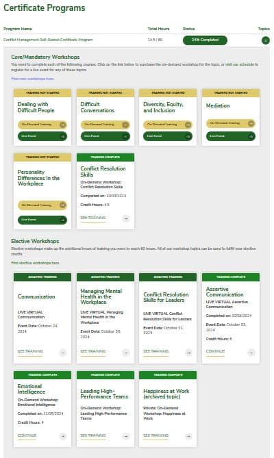 Screenshot of a sample of the certificate program dashboard