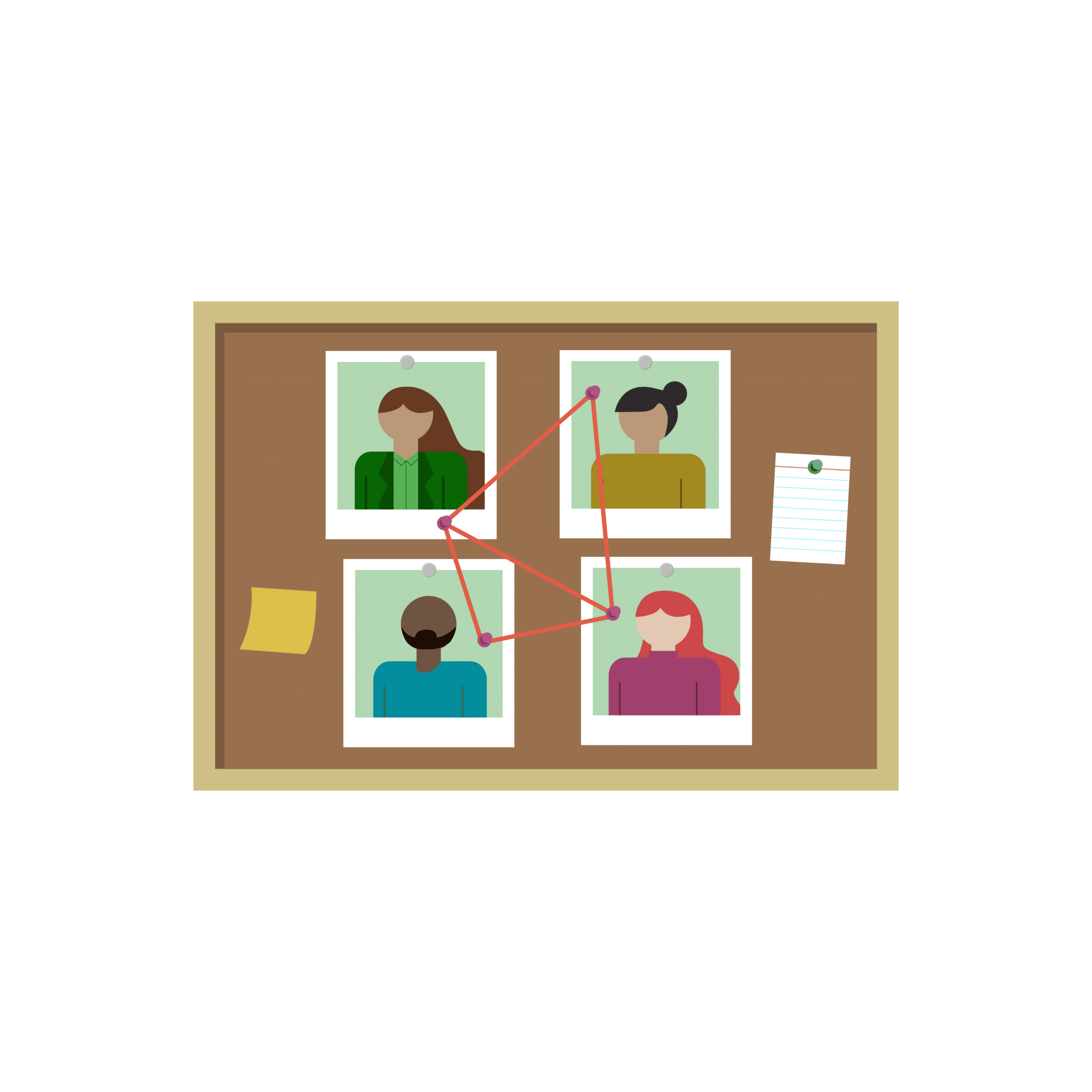 Photos connected on a bulletin board  for Build the Team portion of You Can Manage